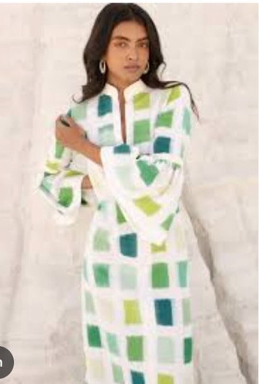 DE CASTRO Sz XS Green Geometric Parampara Midi Tunic Caftan Dress Cotton